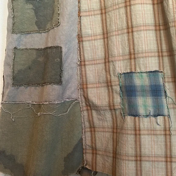 Upcycled patched over dyed fringe back sportsmen’s fish print plaid duster shirt
